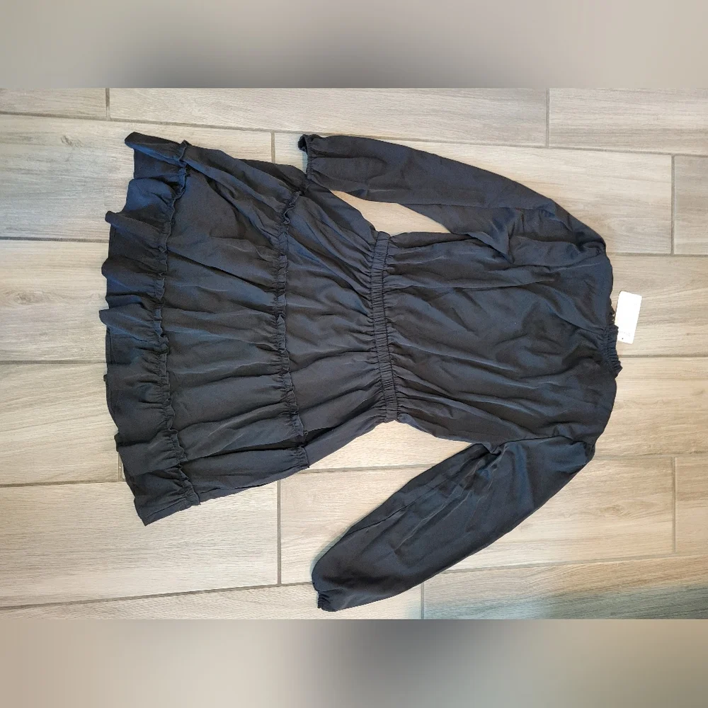 Brand New Black BTFBM Casual, Tie V Neck Long Sleeve Tunic Mini Dress - Picture 3 of 3